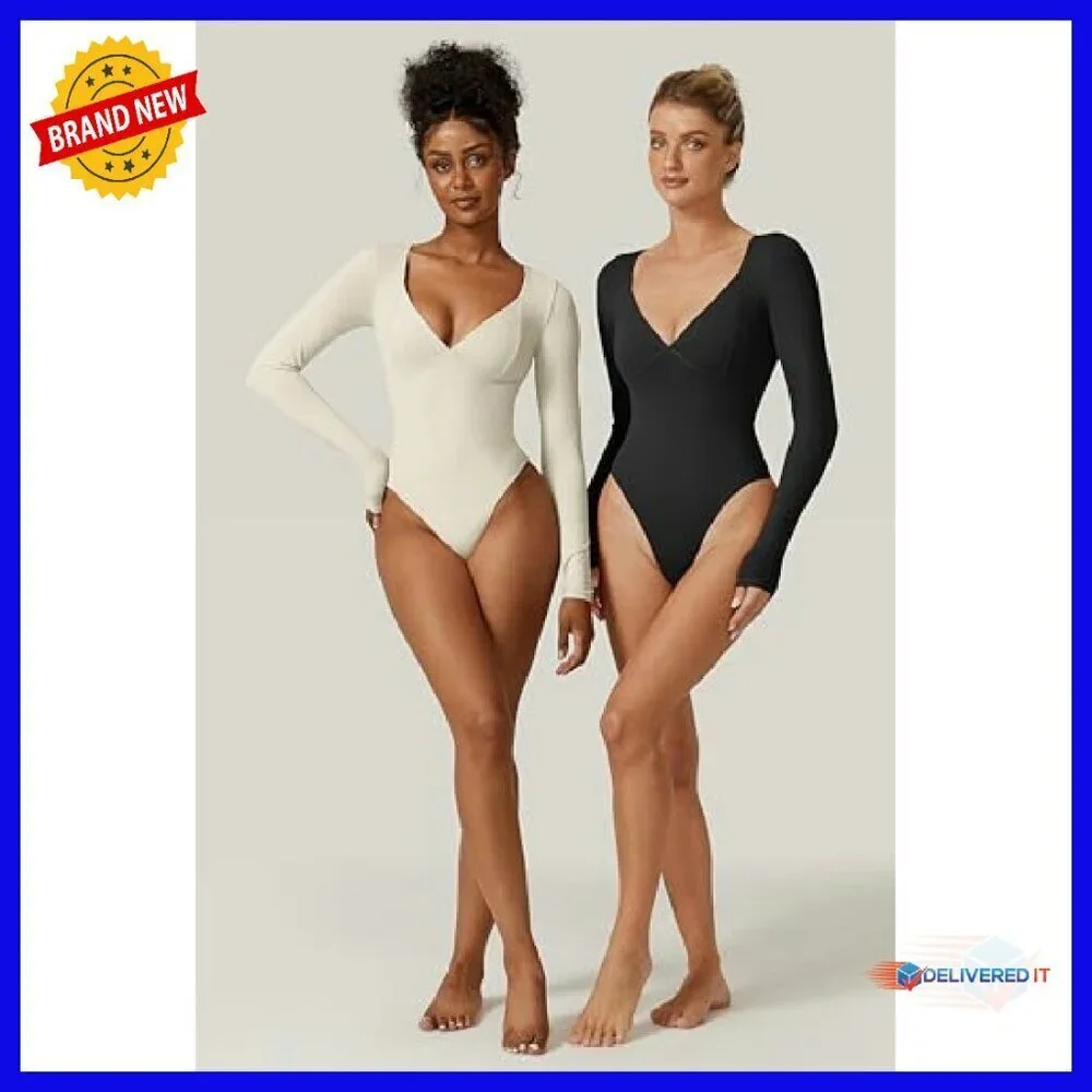 Long Sleeve V Neck Bodysuit Seamed Cup Sculpting Tops
